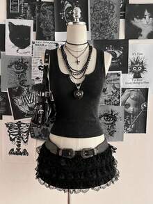 Attitoon 休閒街頭風純棉深綠色雪花洗水羅紋原邊女款背心，適合春夏，Y2K龐克街頭復古風 - 黑色 - 查看 4