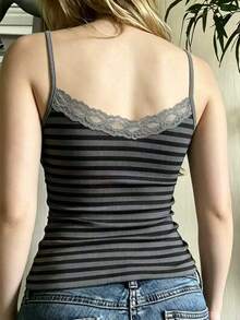 EMERY ROSE Women's Casual Striped Lace Patchwork Camisole Top, Summer - Grey - View 2