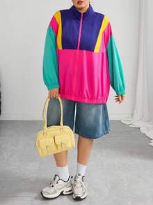 SHEIN CURVE+ 大尺碼休閒簡約薄款夾克，時尚多色拼接秋季夾克，2026年秋冬 22W 桃紅色 - 彩色 - 查看 6