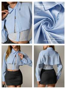 Nuvra Camisa de cuello polo con parche de encaje 2 en 1, ajuste slim, primavera/otoño - Celeste - Ver 9