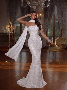 Coutiva Robe de soirée élégante sans bretelles et sans manches avec un design de perles en forme d'éventail et une coupe droite, parfaite pour les événements de printemps/été. Convient pour les anniversaires, les festivals de musique, les tenues d'invités de mariage, les robes de remise des diplômes, les robes de fête de rentrée scolaire et d'autres occasions festives. - Nude - Voir 8