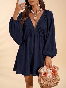 Travachic Solid Color Woven Loose V-Neck Long Sleeve Mini Dress For Women, Spring/Summer - Navy Blue - View 1