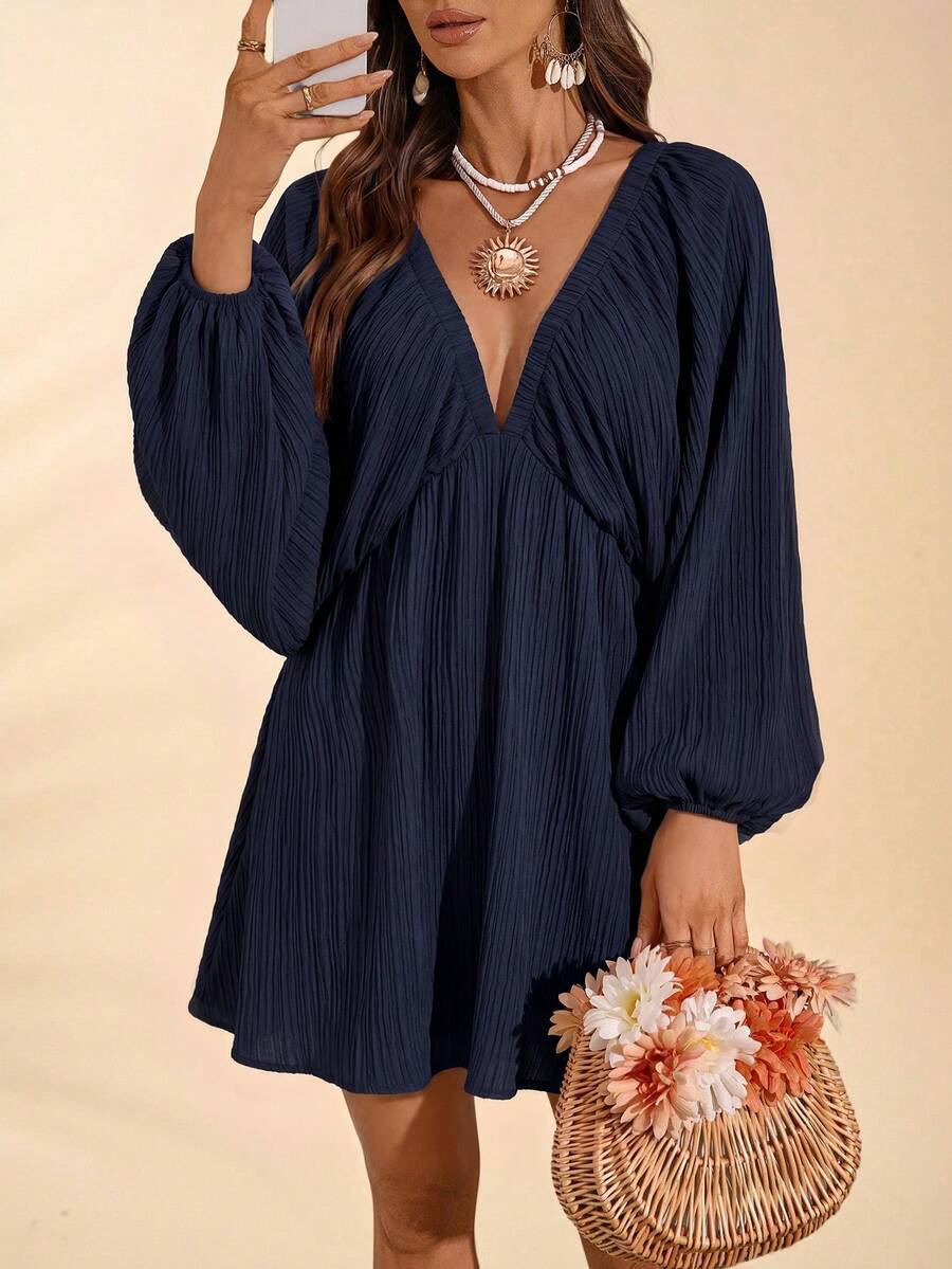 Travachic Solid Color Woven Loose V-Neck Long Sleeve Mini Dress For Women, Spring/Summer - Navy Blue - View 1