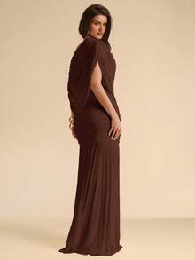 SHEIN BAE Autumn Solid Dark Brown Asymmetrical Shoulder Women's Elegant Fitted Bodycon Mesh Extra Long Fishtail Dress, Flowy Dress, Vacation, Beach Formal Party - Coffee Brown - View 7