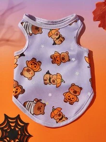2pcs Pet Cat Dog Universal Halloween Purple Orange Pumpkin Guinea Pig Cartoon Pattern Print Fashionable Breathable Comfortable Dog Vest, PETSIN Original Design - Multicolor - View 8