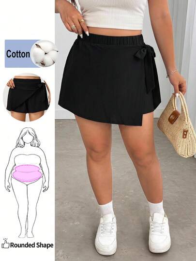 Enliva Conjunto de falda casual de algodón puro negro con nudo lateral para mujer talla grande, pantalones cortos a rayas para mujer, ropa corta para mujer, pantalones cortos de verano para mujer