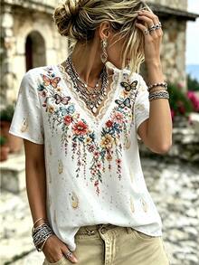 SHEIN Floral Butterfly Pattern Contrast Lace V-Neck Short Sleeve Blouse For Middle-Aged And Elderly Women - White - View 6
