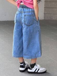 SHEIN Tween女孩休閒水洗寬腿牛仔褲 - 中等水洗藍 - 查看 2