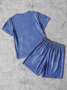 Conjunto de 2 piezas para niños grandes, camiseta azul y pantalones cortos, estampado de letras grandes y patrón de denim falso, camiseta de manga corta con cuello redondo y pantalones cortos, adecuado para uso casual diario en primavera/verano, tela cómoda, ajuste de moda, nuevo estilo de primavera/verano, adecuado para múltiples estaciones y ocasiones - Azul - Ver 2