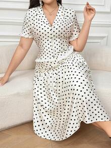 Dazy Plus Polka Dot Cardigan Lace Trim Patchwork Blazer Style Short Sleeve Top & Straight Skirt 2pcs Set, Elegant Commute Plus Size Women Summer - White - View 5