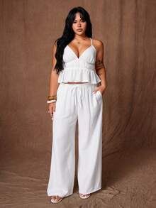 Rustia Women's Plus Size White Linen 2-Piece Set, V-Neck Camisole With Open Back, Cinched Waist And Ruffle Hem, Straight Leg Pants With Pockets, Casual Minimalist Daily Outfit For Vacation, Beach, Strolling, Shopping, Dating And Commuting - White - View 3