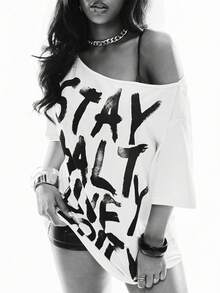 ROMWE Summer Slogan Punk Street Style Hot Girl Splatter Print Design Minimalist Asymmetric Neck Loose T-Shirt - White - View 1