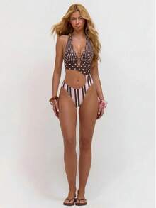 Musera Resort Mixed Print Ring Detail Halterneck Swimsuit Summer Swim Beach Vacation Sexy Cute Travel Bambola - Brown - View 5
