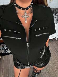 Whyspr Plus Size Dark Gothic Short Sleeve Slim Fit Cropped Shirt - Black - View 1