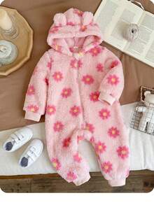 SHEIN LMoss Kids 新生女嬰可愛秋冬款毛茸茸花卉圖案長袖連帽連身衣 - 彩色 - 查看 8