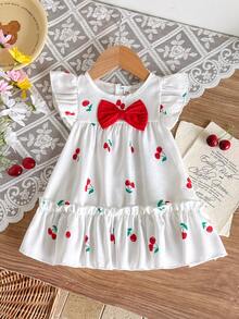 SHEIN Vintaside Kids 女嬰夏季波點洋裝 黑白圓點+胸前蝴蝶結裝飾+喇叭袖 柔軟可愛 - 紅色 - 查看 8