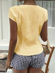 Sunnyshic Sexy Cute V-Neck Lace Patchwork Slim Fit Short Blouse All Cotton Fabric Button Summer Flutter Sleeve Women's Shirt Brunch Tea Party Yellow - Yellow - View 2