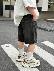 SHEIN Little Byeori 男童深藍色牛仔寬鬆寬腿七分褲 - 黑色 - 查看 5