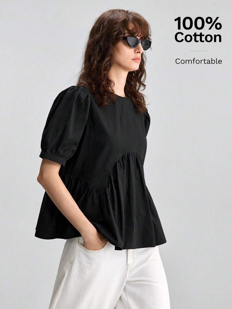 2026SS Summer New Women's Bestselling Solid Black Top Short Puff Sleeve Loose Fit Gathered Design Old Money Style Teacher