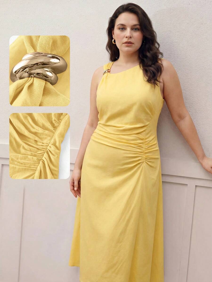 MOTF PREMIUM WOMEN'S PLUS SIZE EARLY AUTUMN LINEN BLEND DECONSTRUCTED DESIGN MIDI DRESS - Yellow - View 1