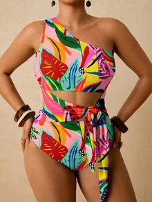 Travachic Plus Size Tropical Plant Print Cutout One Shoulder Tie One-Piece Swimsuit Bathing Suit - Pink - View 1