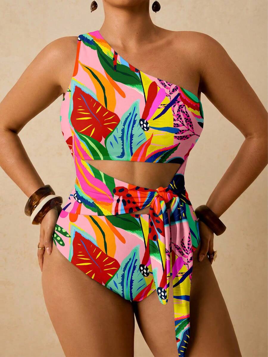 Travachic Plus Size Tropical Plant Print Cutout One Shoulder Tie One-Piece Swimsuit Bathing Suit - Pink - View 1