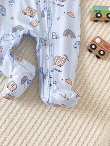 SHEIN Vintaside Kids 2件組新生兒居家服套裝，四季適用，灰色花卉羅紋棉布，可愛淺藍色汽車印花連身包屁衣 - 藍色 - 查看 5