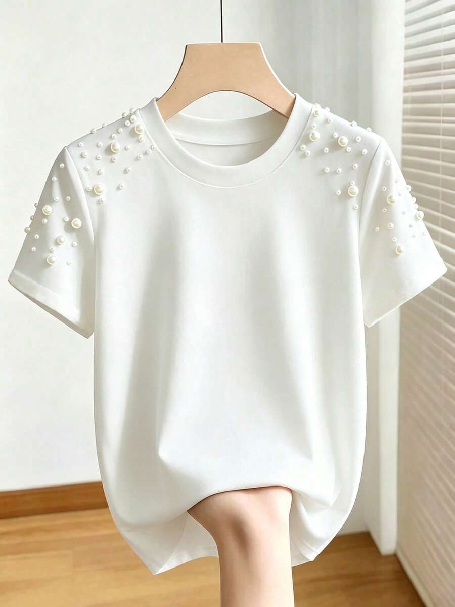 SHEIN Franclia 女款夏季新款圓領短袖T恤 通勤百搭日常簡約 - 白色 - 查看 1
