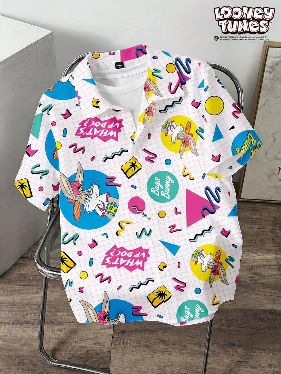 LOONEY TUNES X SHEIN Manfinity Joysei 男士字母卡通圖案短袖單排扣襯衫 - 粉色 - 查看 1
