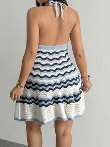 Sunnyshic Plus Size Women's Sunny Summer Romantic Blue Gradient Striped Starfish Metal Buckle Decor Sexy Playful Cute Beach Romantic Elegant Off-Shoulder Strapless Knit Dress, Suitable For Spring/Summer Beach Vacation Outfits - Blue and White - View 2