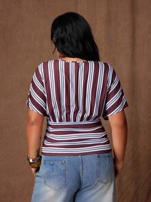 Rustia Plus Size Women's Casual One Shoulder Top With Shell Buttons, Spring/Summer - Brown - View 2