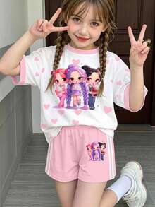 2件組少女卡通花卉公主T恤短褲套裝，甜美可愛，舒適百搭，適合夏季外出 - 彩色 - 查看 6