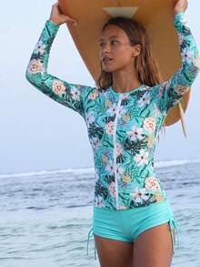 Swim Lushoire Springbreak 女款 2 件式衝浪泳衣套裝，長袖上衣與比基尼泳褲，高彈性面料，植物印花，隨意海灘度假泳裝 - 薄荷綠 - 查看 6