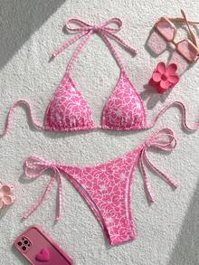 Swim Vcay 女款夏季海灘花卉印花掛脖繫帶性感時尚比基尼兩件式泳衣套裝 - 彩色 - 查看 3