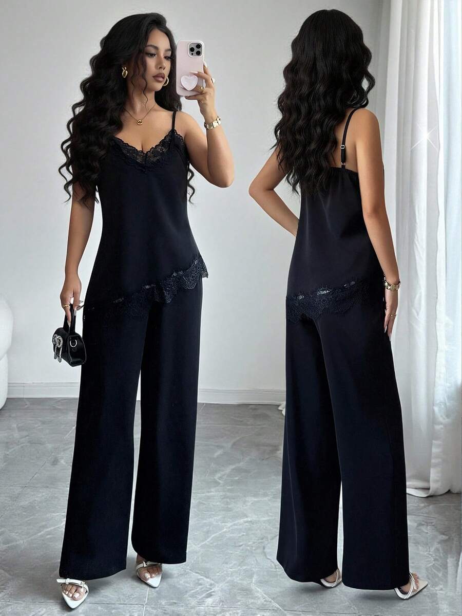 SHEIN Raffinéa 女款純色對比蕾絲細肩帶背心與長褲優雅兩件套