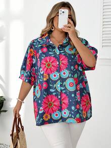 SHEIN CURVE+ 大尺碼女款翻領短袖印花襯衫 - 彩色 - 查看 4