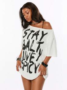 ROMWE Summer Slogan Punk Street Style Hot Girl Splatter Print Design Minimalist Asymmetric Neck Loose T-Shirt - White - View 6