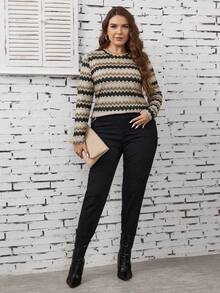 SHEIN LUNE Plus Size Casual Striped Long Sleeve T-Shirt, Summer Bussines Workwear Olive Green Fall - Multicolor - View 4