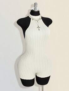 SHEIN ICON 女款黑色掛脖露背緊身貼身高領基本款休閒連身衣 - 杏色 - 查看 5
