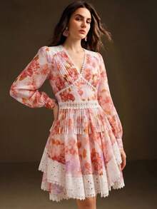 Anewsta Elegant Dress, Chiffon Long Sleeve Floral Short Dress, Patchwork Fabric Striped Heavy Work Dress - Pink - View 5