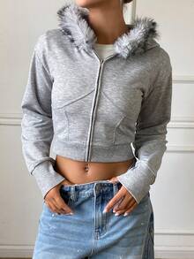 DAZY Women's Grey Hooded Zip-Up Long Sleeve Cropped Fitted Sweatshirt Jacket With Pom Pom Decor - Grey - View 4
