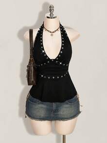 SHEIN ICON 萬聖節女款掛脖露背黑色娃娃裝背心 - 黑色 - 查看 4