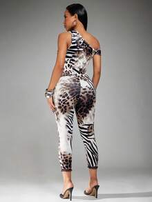 Radiana Women's White And Black Animal Print Summer Chic Sexy Club Night Out Off Shoulder Leopard Zebra Jumpsuit, Capris, Street Style, Coachella - Multicolor - View 4