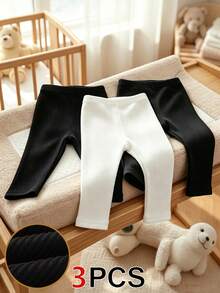 SHEIN Playful Pals 3pcs Baby Toddler Infants Girls Boys Casual Chic Ribbed Knit High Waist Soft Thick Leggings Pants Trousers Footless Tights Daily Autumn Winter Clothes - Multicolor - View 3