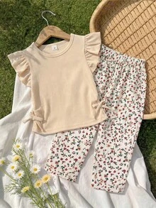 SHEIN Vintaside Kids 2件組少女休閒時尚羅紋碎花蝴蝶結短袖上衣直筒長褲套裝，柔軟薄款，適合夏季校園穿搭 - 卡其色 - 查看 8