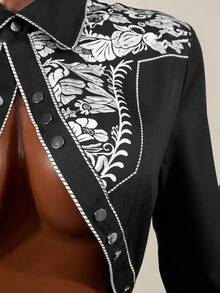 Mistrie Nueva camisa corta de cuello redondo con estampado de moda vintage negro para mujer, otoño, con estampado jacquard para mujer - Negro - Ver 7