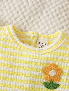 SHEIN Barboteuse décontractée à rayures et cœurs pour bébé fille, printemps/été - Jaune citron - Voir 5