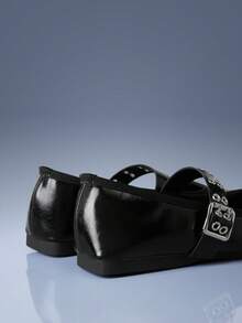 CUCCOO GRLICON Black Bright Leather Square Toe Mary Jane Shoes, Metal Buckle With Ballet Flat Shoes For Women - Black - View 5