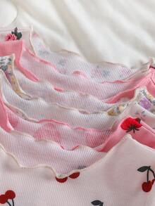 SHEIN [Randomly Sent 1 Set]Baby Girl One-Piece Long Sleeve Long Pants Wavy Ruffle Hem Design Cute Strawberry Cherry Ditsy Floral Solid Color Pattern Fabric Comfortable Suitable For Girls Home Daily Wear Pajamas Loungewear - Multicolor - View 6
