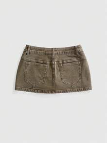 ROMWE Grunge Punk Punk Cavalry Button Design Ultra Low Waist Mini Bodycon Denim Skirt - Army Green - View 2